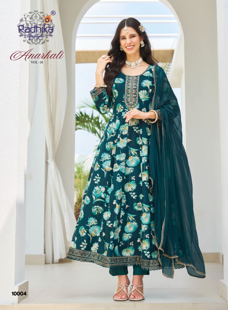 Radhika Anarkali Vol 10 Rayon With Foil Printed Kurti With Bottom Dupatta Catalog — Wholesale Kurtis, Radhika Lifestyle wholesale from Surat — Photo 3