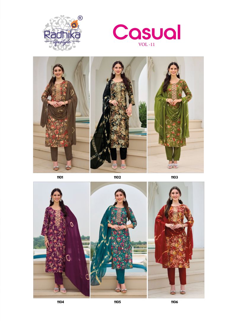 Radhika Casual Vol 11 Rayon With Foil Printed Kurti With Bottom Dupatta Catalog — Wholesale Kurtis, Radhika Lifestyle wholesale from Surat — Photo 10