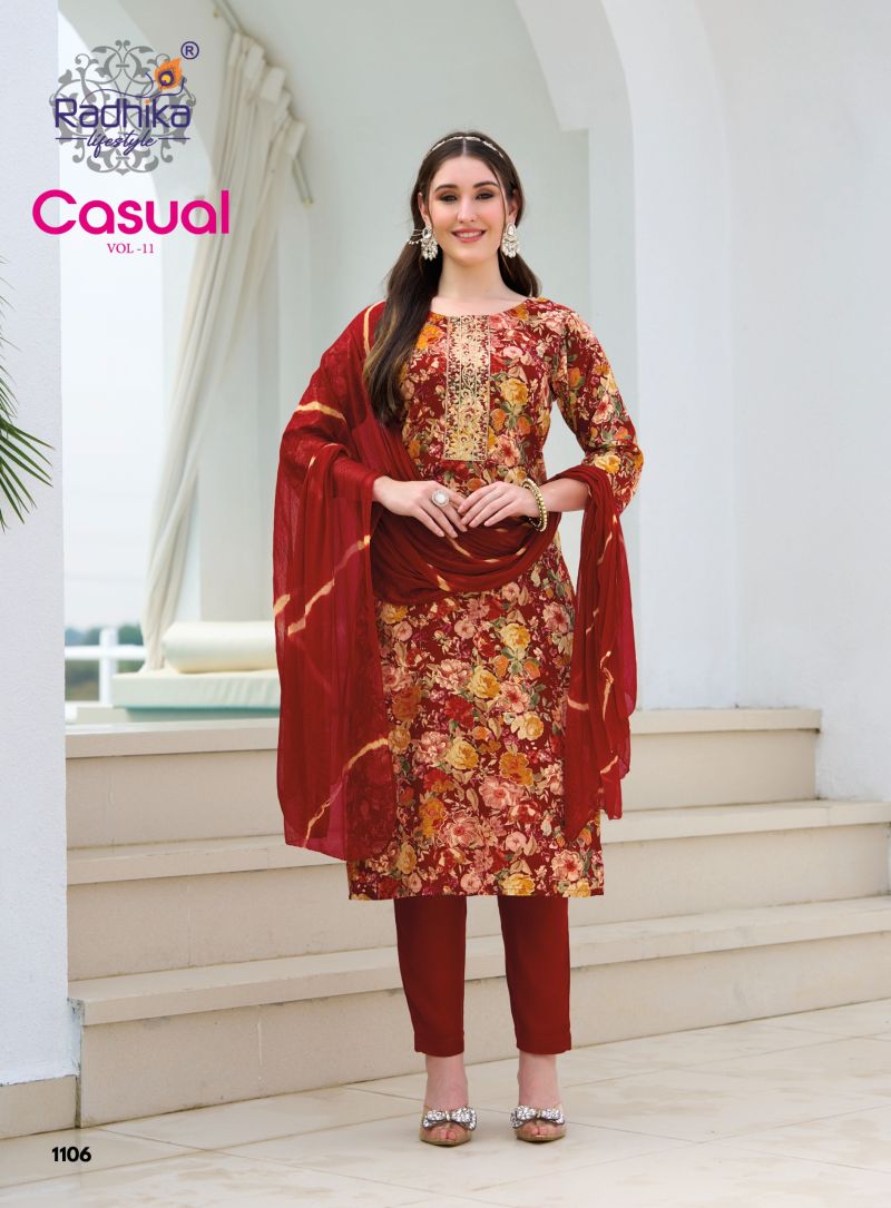 Radhika Casual Vol 11 Rayon With Foil Printed Kurti With Bottom Dupatta Catalog — Wholesale Kurtis, Radhika Lifestyle wholesale from Surat — Photo 5