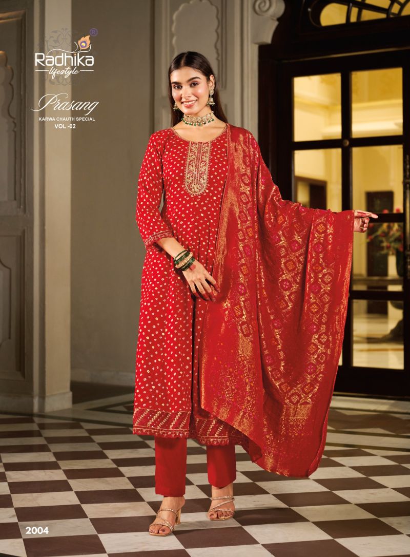 Radhika Prasang Vol 2 Rayon Embroidered Karwa Chouth Special Kurti With Bottom Dupatta — Wholesale Kurtis, Radhika Lifestyle wholesale from Surat — Photo 2