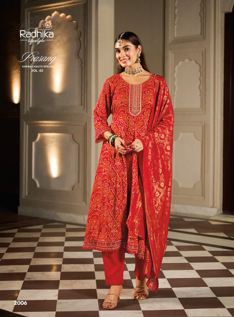 Radhika Prasang Vol 2 Rayon Embroidered Karwa Chouth Special Kurti With Bottom Dupatta