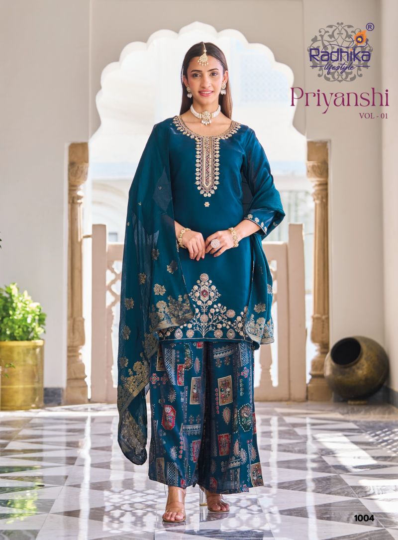 Radhika Priyanshi Vol 1 Roman Glass Beats Work Kurti With Bottom Dupatta Catalog — Wholesale Kurtis, Radhika Lifestyle wholesale from Surat — Photo 5