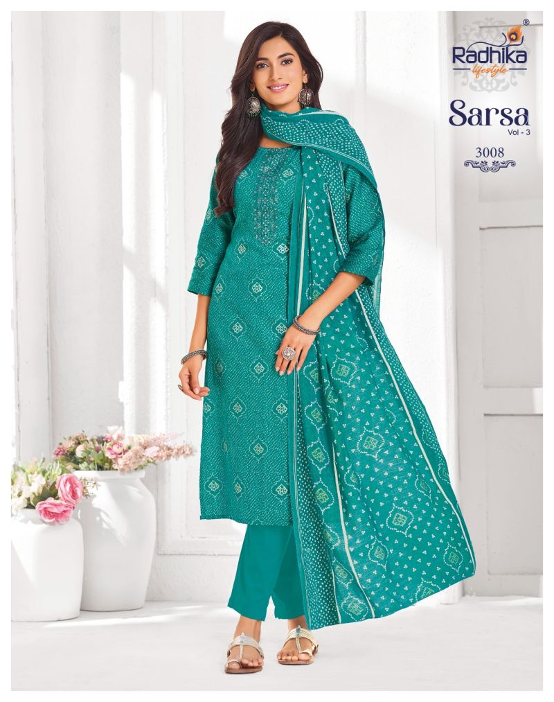 Radhika Sarsa Vol 3 Jam Satin Discharge Foil Print Kurti With Bottom Dupatta Catalog — Wholesale Kurtis, Radhika Lifestyle wholesale from Surat — Photo 3