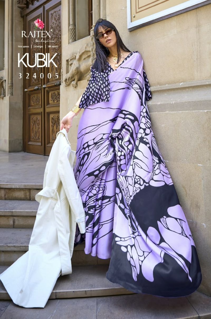 Rajtex Kubik Nx Wholesale Satin Crepe Printed Fancy Saree Catalog