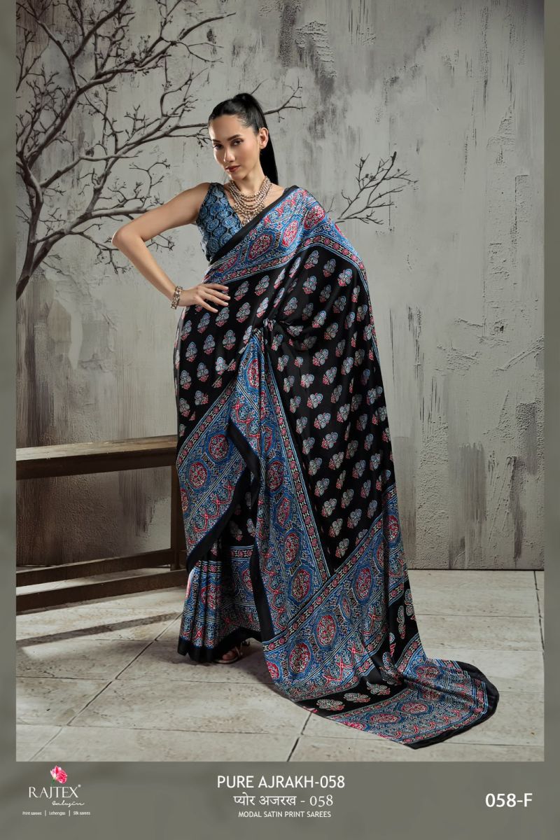 Rajtex Pure Ajrakh 058 Modal Satin Ajrakh Printed Saree Catalog — Latest Saree, rajtex wholesale from Surat — view 4