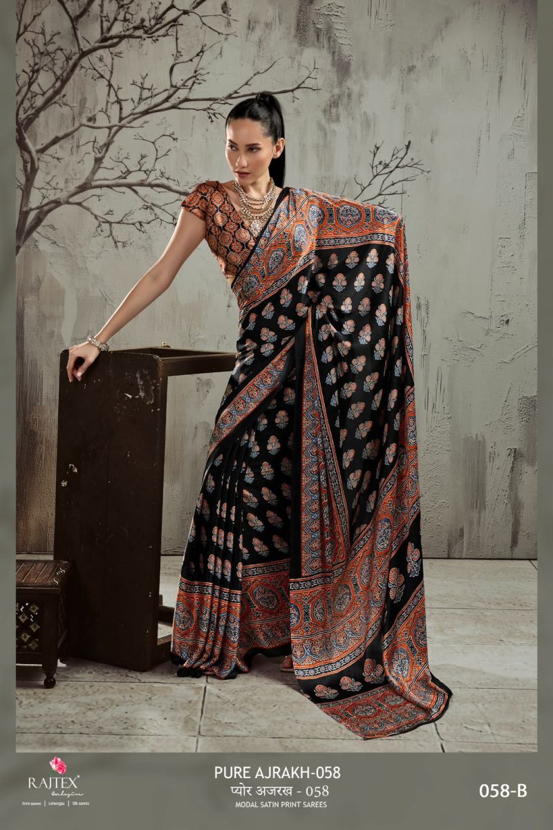Rajtex Pure Ajrakh 058 Modal Satin Ajrakh Printed Saree Catalog — Latest Saree, rajtex wholesale from Surat — view 5