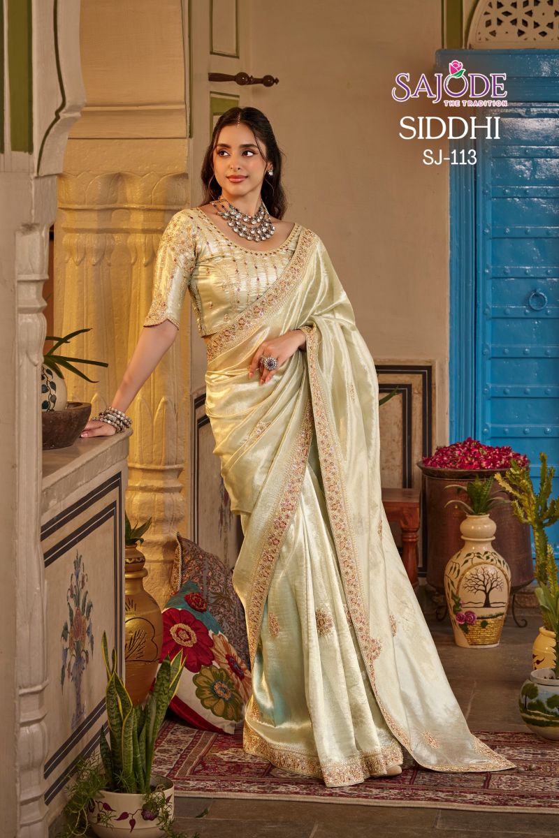 Sajode Siddhi Soft Tissue Zari Work Designer Saree with Stitched Blouse — Wholesale Sarees, sajode wholesale from Surat — Photo 9