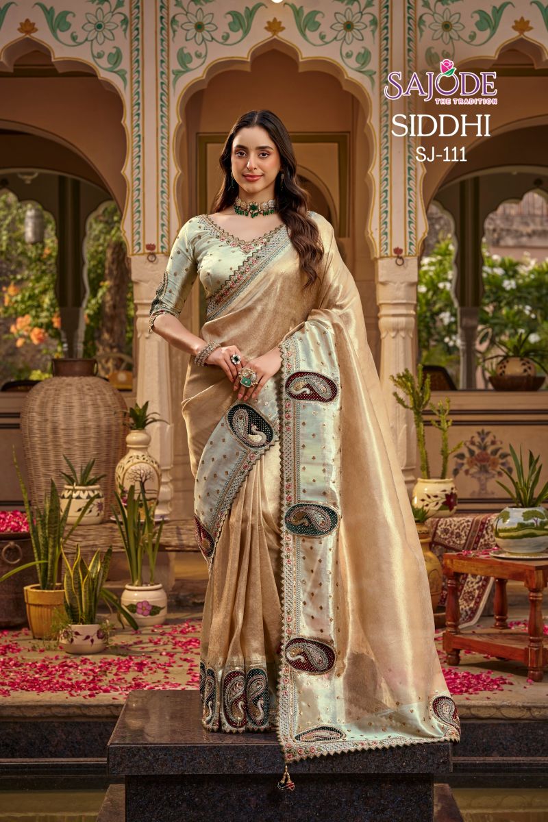 Sajode Siddhi Soft Tissue Zari Work Designer Saree with Stitched Blouse — Wholesale Sarees, sajode wholesale from Surat — Photo 7