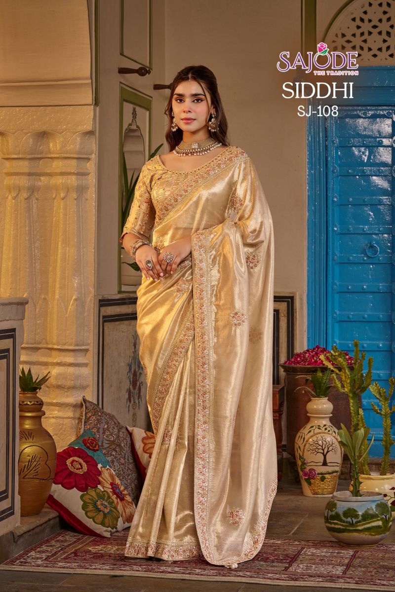 Sajode Siddhi Soft Tissue Zari Work Designer Saree with Stitched Blouse — Wholesale Sarees, sajode wholesale from Surat — Photo 4
