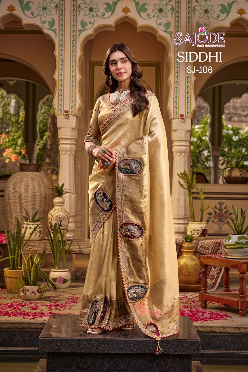 Sajode Siddhi Soft Tissue Zari Work Designer Saree with Stitched Blouse — Wholesale Sarees, sajode wholesale from Surat — Photo 2
