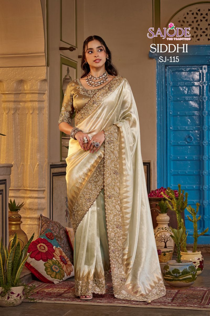 Sajode Siddhi Soft Tissue Zari Work Designer Saree with Stitched Blouse — Wholesale Sarees, sajode wholesale from Surat — Photo 11