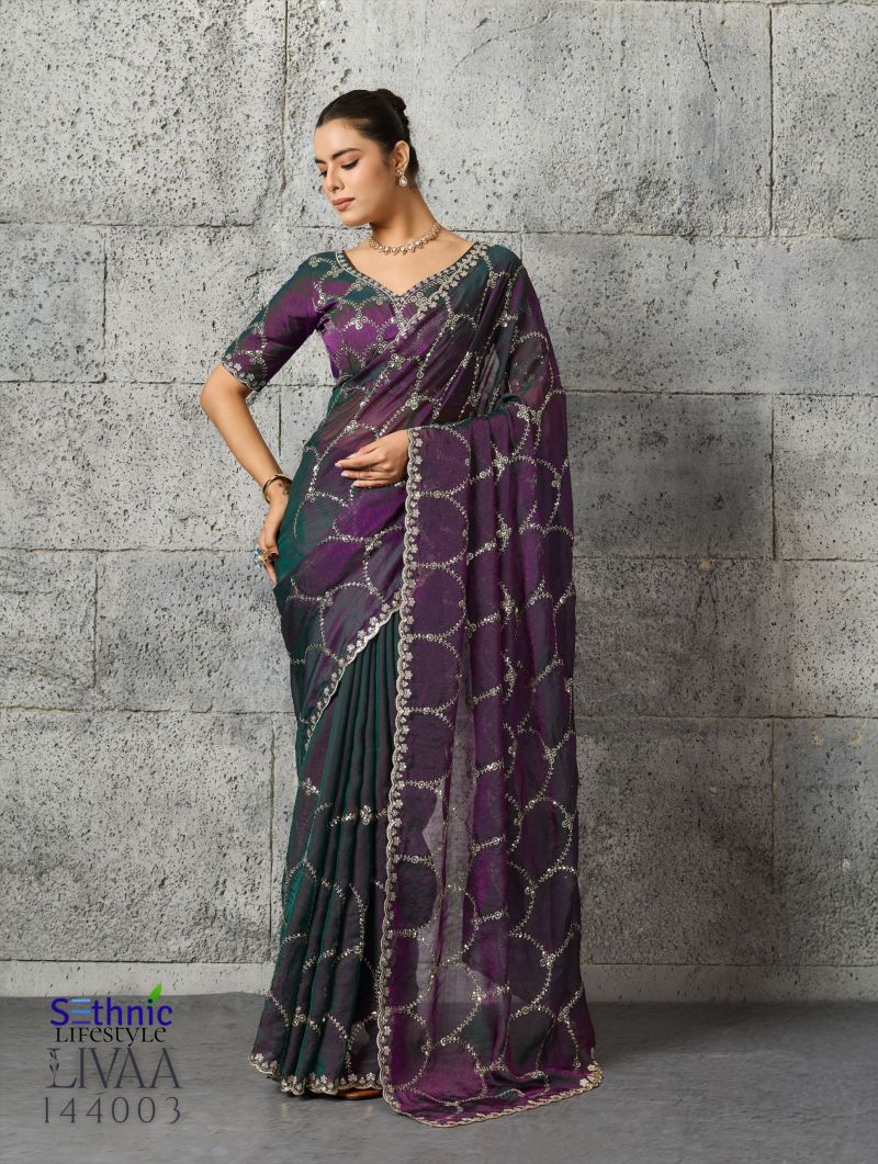 Sethnic Livaa Grainy Moss Chiffon Sequence Embroidered Saree Catalog — Wholesale Sarees, Sethnic wholesale from Surat — Photo 6
