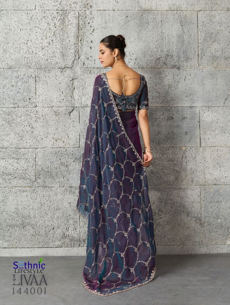 Sethnic Livaa Grainy Moss Chiffon Sequence Embroidered Saree Catalog — Wholesale Sarees, Sethnic wholesale from Surat — Photo 5