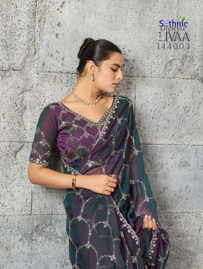 Sethnic Livaa Grainy Moss Chiffon Sequence Embroidered Saree Catalog — Wholesale Sarees, Sethnic wholesale from Surat — Photo 3