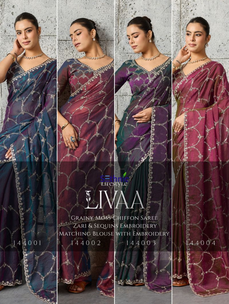 Sethnic Livaa Grainy Moss Chiffon Sequence Embroidered Saree Catalog — Wholesale Sarees, Sethnic wholesale from Surat — Photo 7