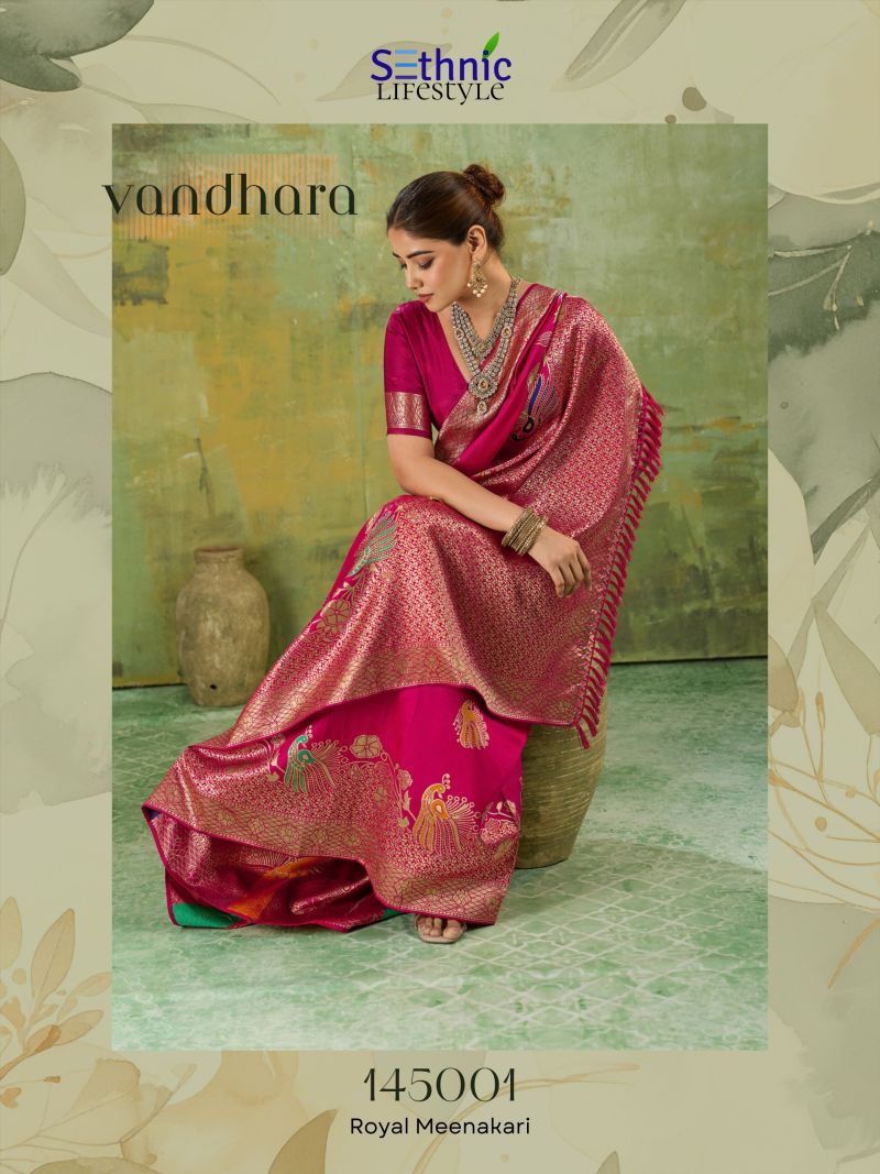 Sethnic Vandhara Twill Banarasi Silk Zari Meenakari Work Saree Catalog — Festival Sarees, Sethnic wholesale from Surat — Photo 7