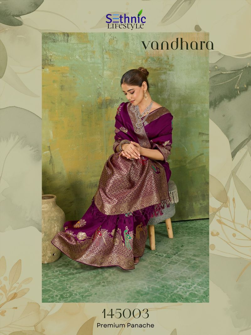 Sethnic Vandhara Twill Banarasi Silk Zari Meenakari Work Saree Catalog — Festival Sarees, Sethnic wholesale from Surat — Photo 6