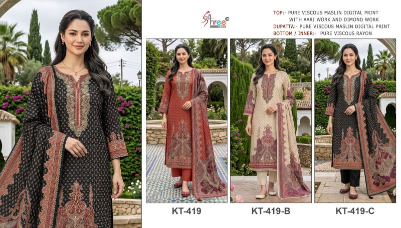 Shree Kt 419 A To C Viscose Maslin Digital Print Handwork Salwar Kameez Catalog — Wholesale Salwar Suits, Shree Fabs wholesale from Surat — Photo 2