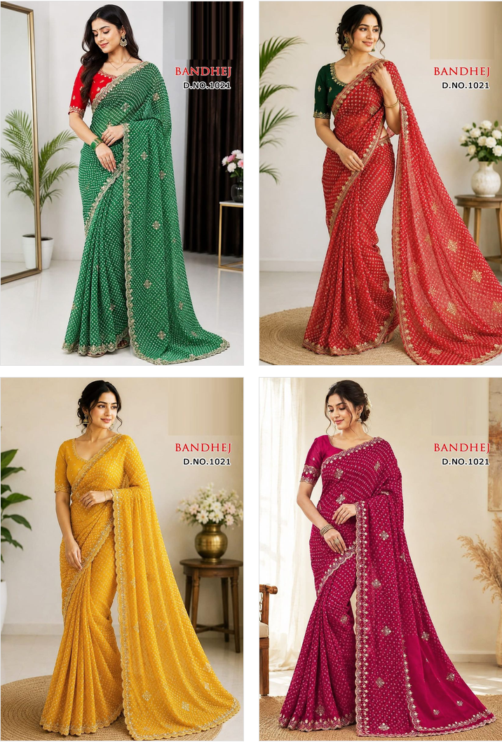 Sw Bandhej Vol 1 Georgette Bandhani Printed Designer Saree Catalog — Wholesale Sarees, Vardan Ethnic wholesale from Surat — Photo 5