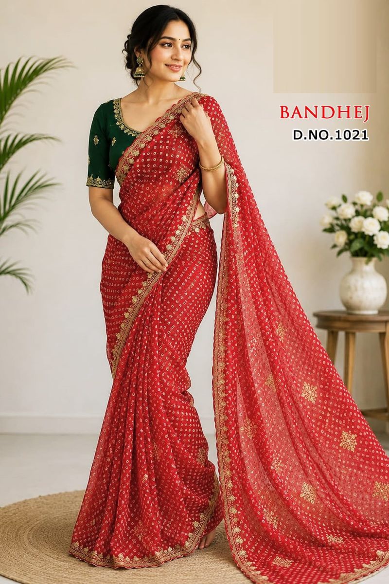 Sw Bandhej Vol 1 Georgette Bandhani Printed Designer Saree Catalog — Wholesale Sarees, Vardan Ethnic wholesale from Surat — Photo 4
