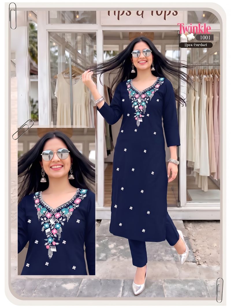 Twinkle Vol 2 Vertican Plain Embroidered Kurti With Bottom Collection — Wholesale Kurtis, Vardan Ethnic wholesale from Surat — Photo 4