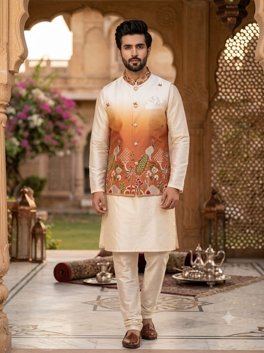 VENMER Shaded Peacock Premium Malai Satin Designer Kurta With Koti Bottom Collection — Men's Wear, VENMER wholesale from Surat — Photo 4