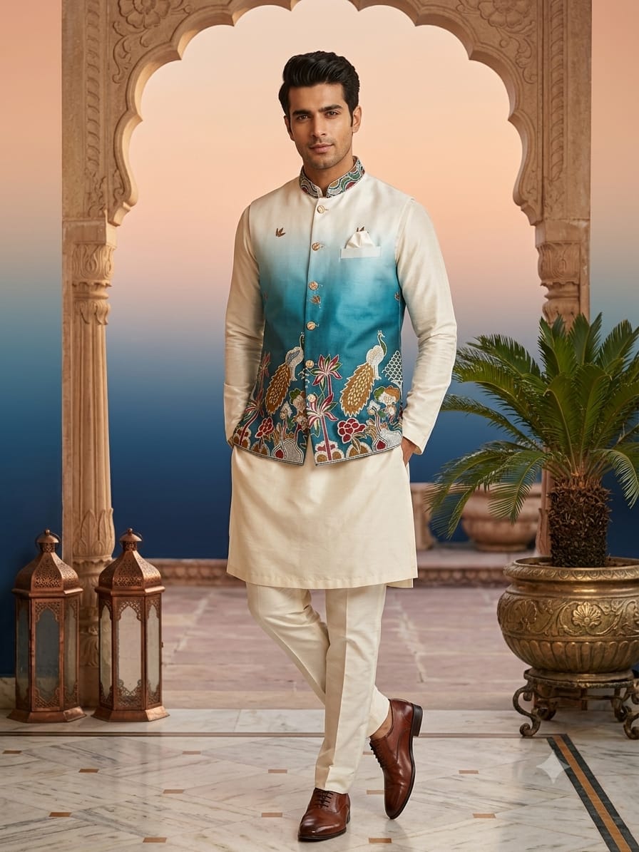 VENMER Shaded Peacock Premium Malai Satin Designer Kurta With Koti Bottom Collection — Men's Wear, VENMER wholesale from Surat — Photo 3