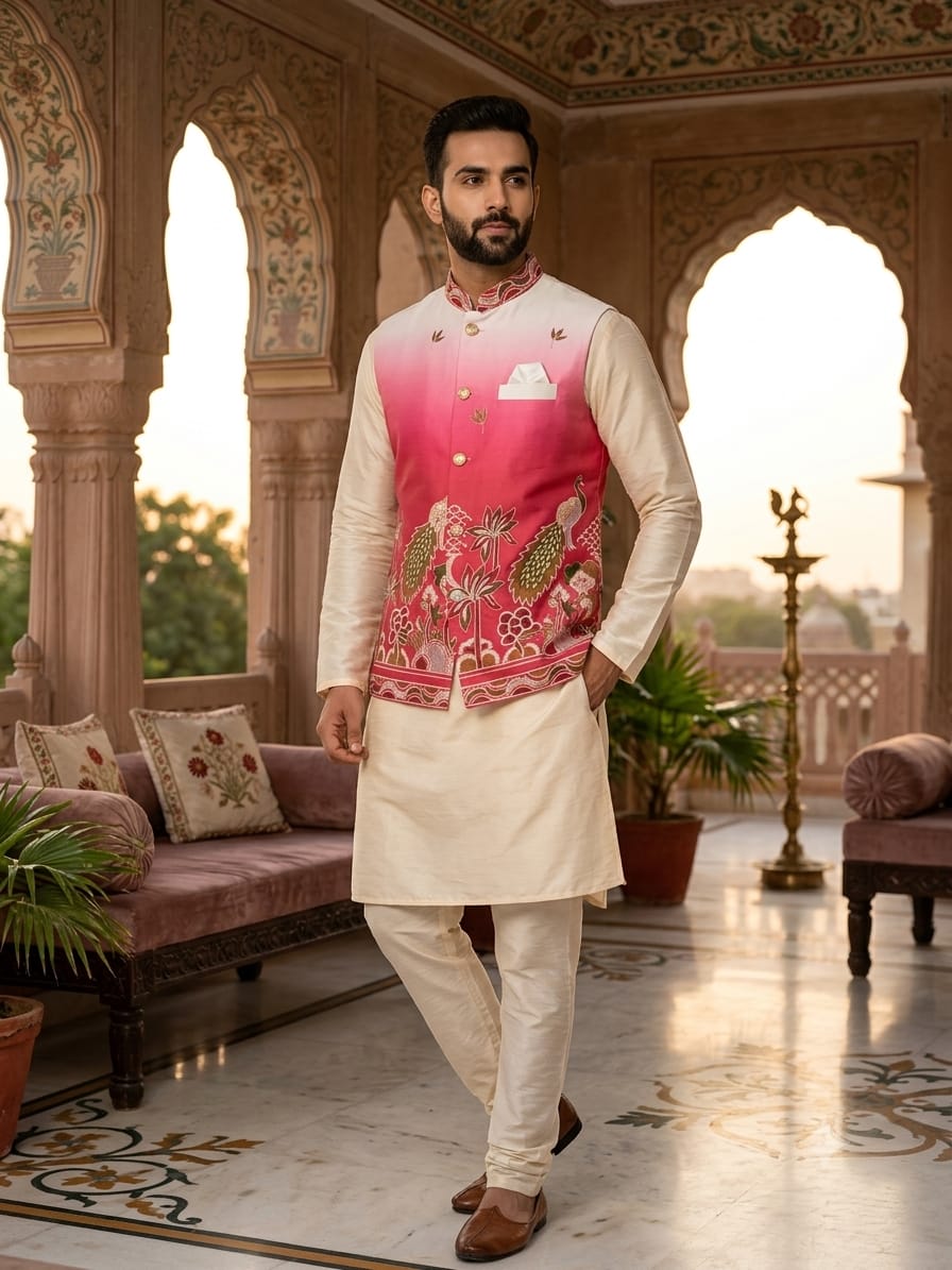 VENMER Shaded Peacock Premium Malai Satin Designer Kurta With Koti Bottom Collection — Men's Wear, VENMER wholesale from Surat — Photo 2