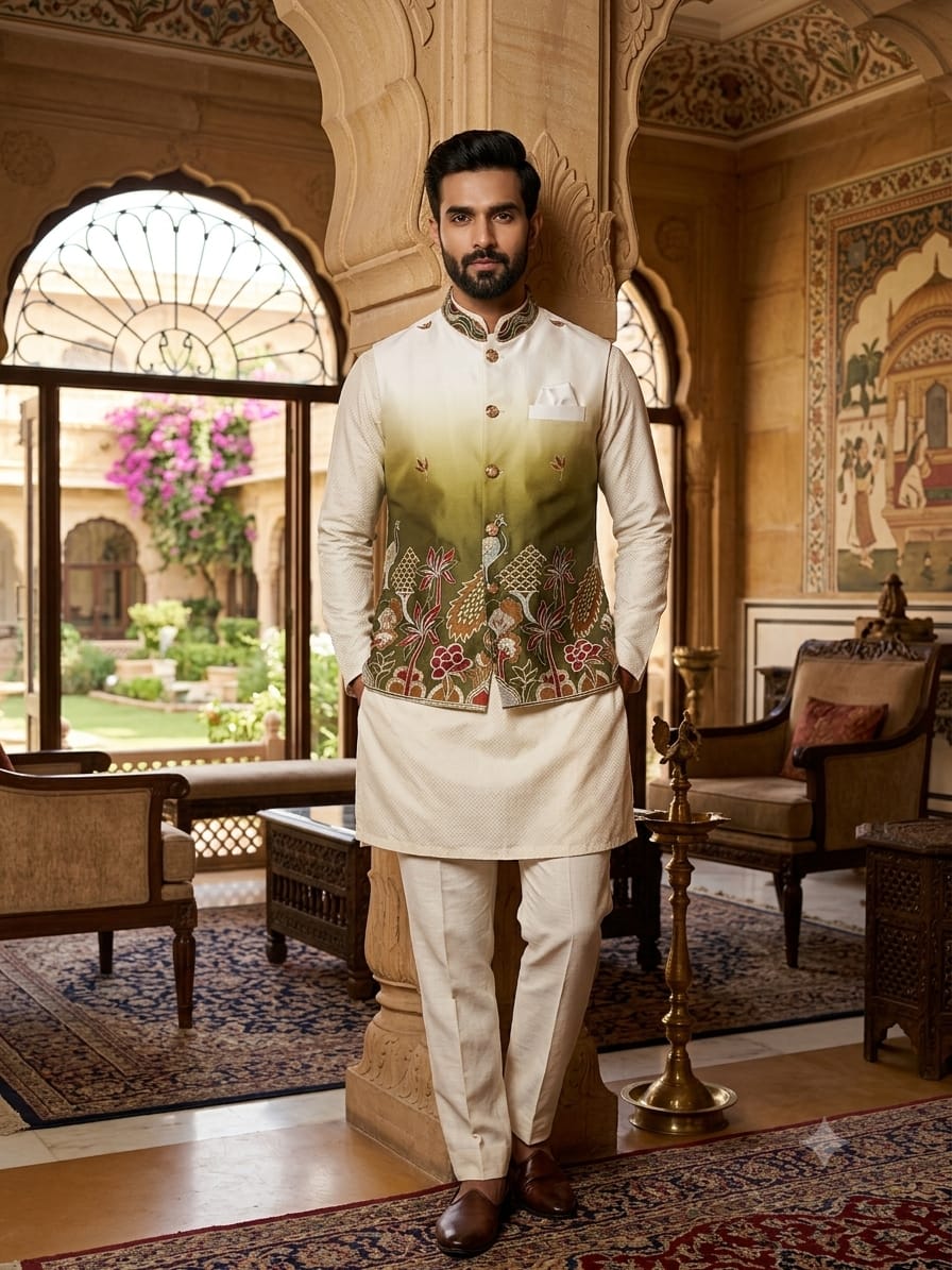 VENMER Shaded Peacock Premium Malai Satin Designer Kurta With Koti Bottom Collection — Men's Wear, VENMER wholesale from Surat — Photo 6