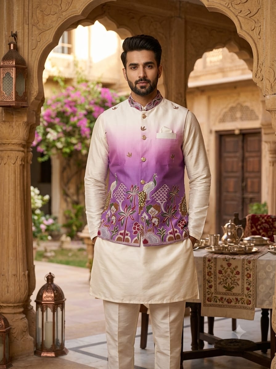 VENMER Shaded Peacock Premium Malai Satin Designer Kurta With Koti Bottom Collection