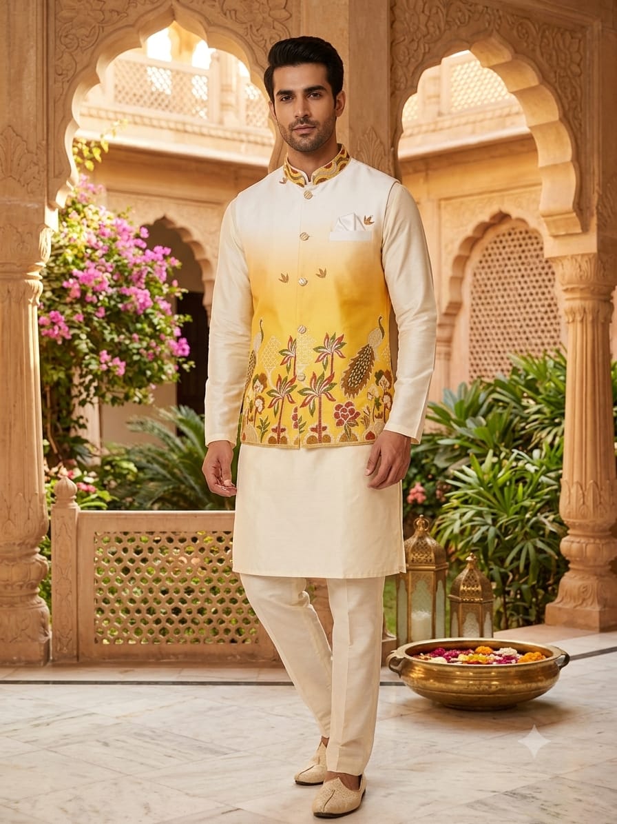 VENMER Shaded Peacock Premium Malai Satin Designer Kurta With Koti Bottom Collection — Men's Wear, VENMER wholesale from Surat — Photo 5