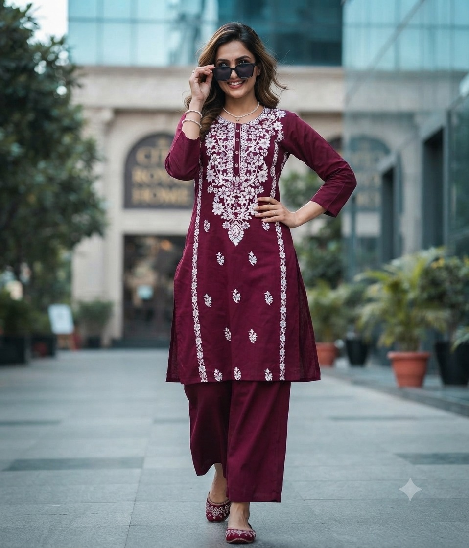 Vardan Kurti Set Wholesale Rayon Lucknowi Work Kurti With Bottom Collection