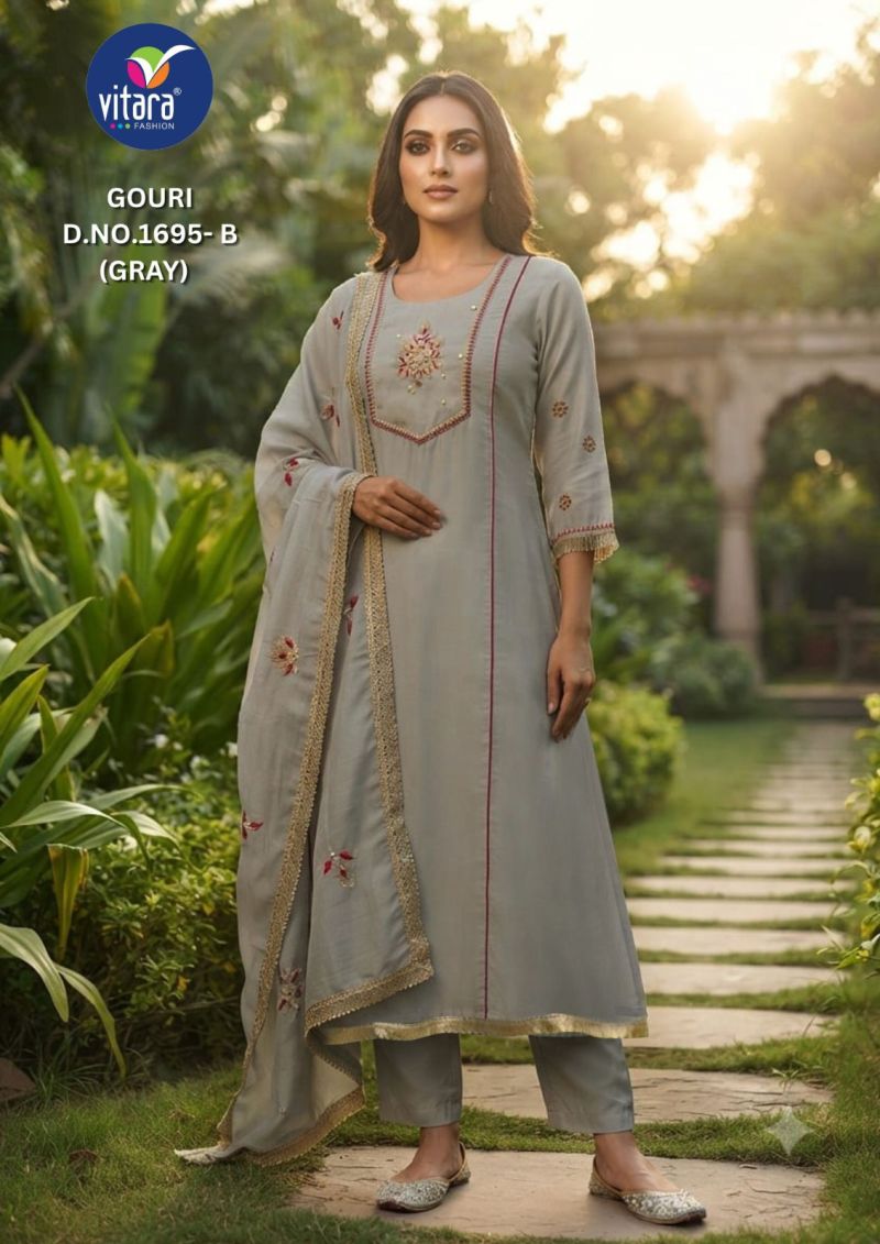 Vitara Gouri Mul Chanderi Handwork Kurti With Bottom Dupatta Collection — Wholesale Kurtis, Vitara Fashion wholesale from Surat — Photo 4
