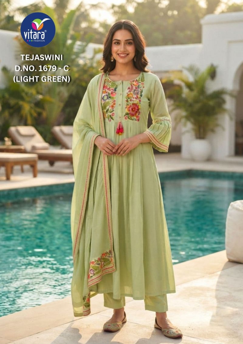 Vitara Tejaswini Wholesale Mul Chanderi Handwork Kurti With Bottom Dupatta