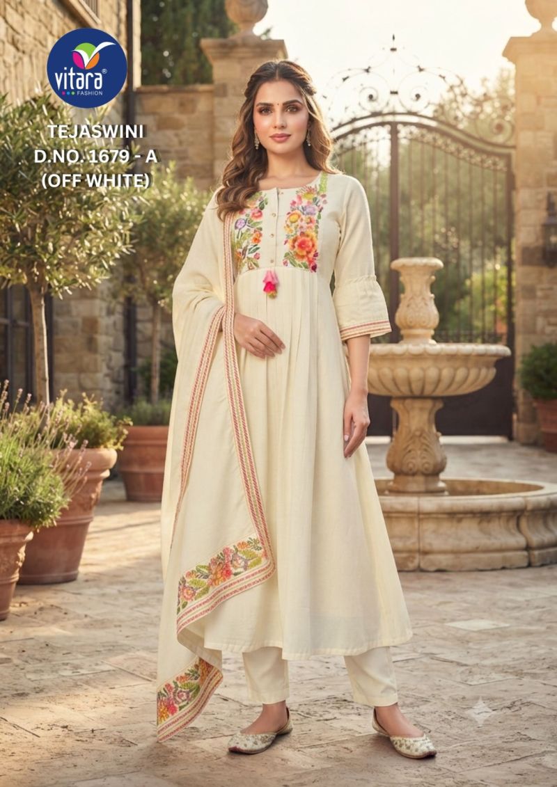 Vitara Tejaswini Wholesale Mul Chanderi Handwork Kurti With Bottom Dupatta — Wholesale Kurtis, Vitara Fashion wholesale from Surat — Photo 5