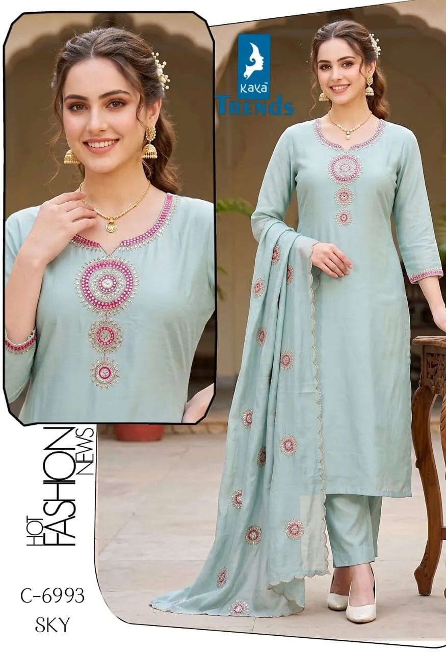 Mull Chanderi Fancy Dori Work Long 3 Piece Suit with Fancy Dupatta Cotton Inner — Wholesale Kurtis, Vardan Ethnic wholesale from Surat — Photo 3