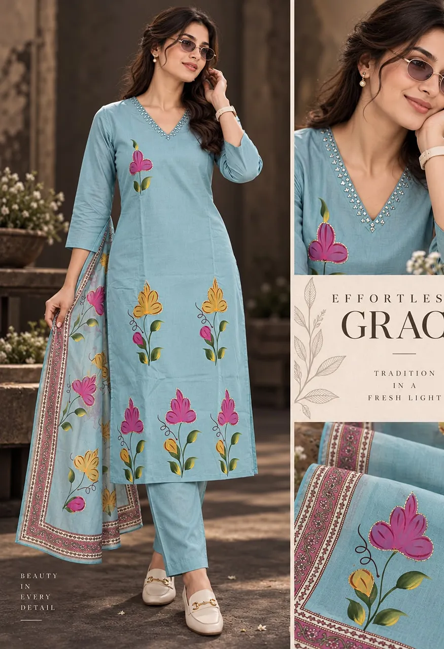 Softy Silk 3 Piece Suit with Brush Print Handwork
