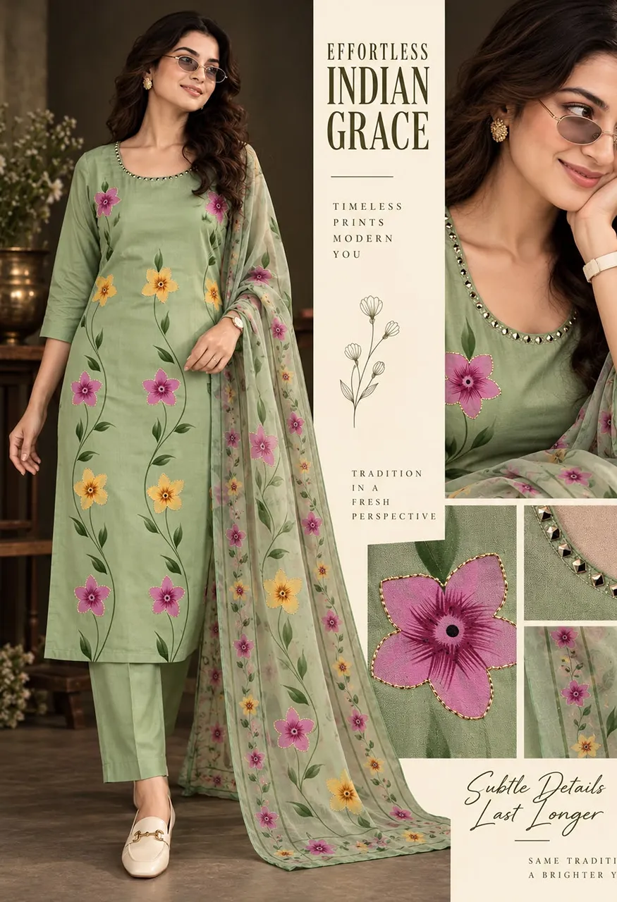 Softy Silk 3 Piece Suit with Brush Print Handwork — Wholesale Kurtis, Vardan Ethnic wholesale from Surat — Photo 3