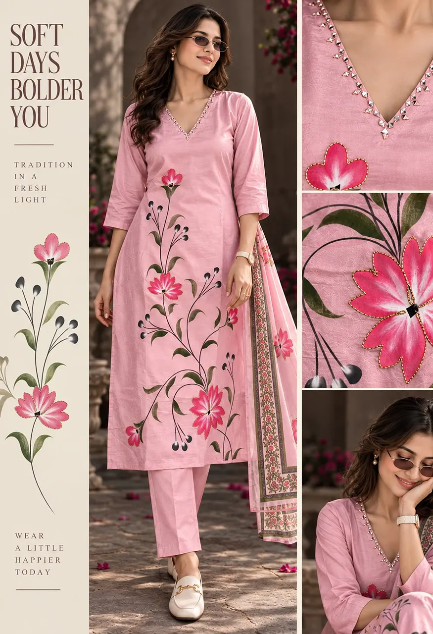 Softy Silk 3 Piece Suit with Brush Print Handwork — Wholesale Kurtis, Vardan Ethnic wholesale from Surat — Photo 4