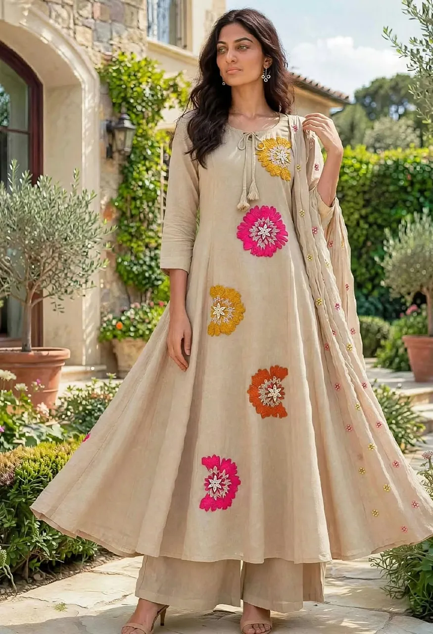 Mul Chanderi Gera 3 Piece Suit with Fancy Work
