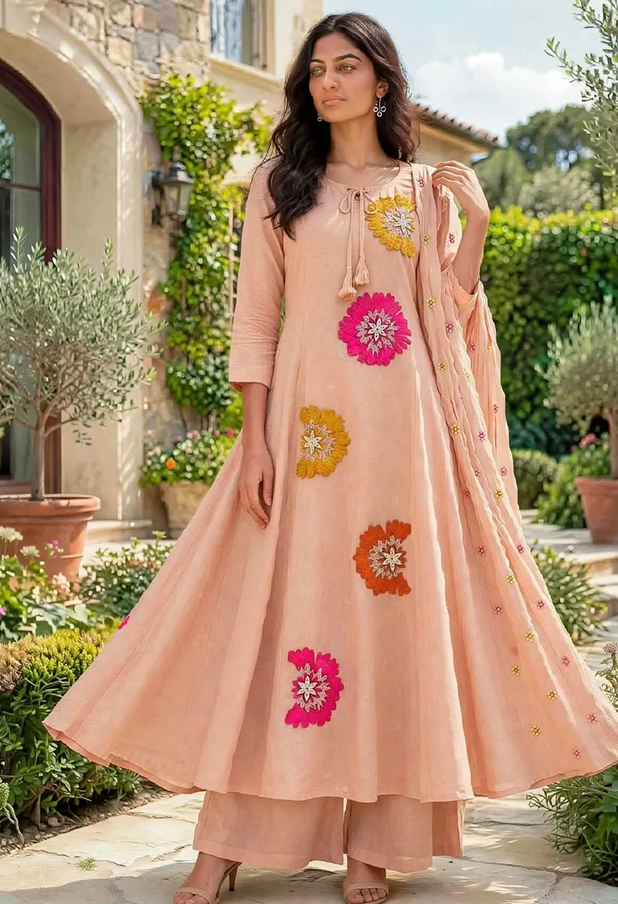 Mul Chanderi Gera 3 Piece Suit with Fancy Work — Wholesale Dress Material, Vardan Ethnic wholesale from Surat — Photo 2