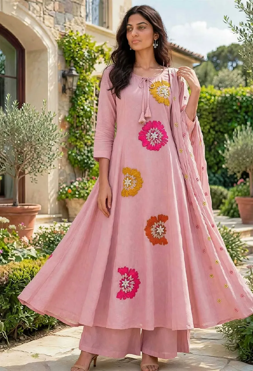 Mul Chanderi Gera 3 Piece Suit with Fancy Work — Wholesale Dress Material, Vardan Ethnic wholesale from Surat — Photo 3