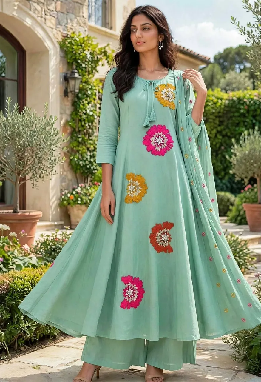 Mul Chanderi Gera 3 Piece Suit with Fancy Work — Wholesale Dress Material, Vardan Ethnic wholesale from Surat — Photo 4