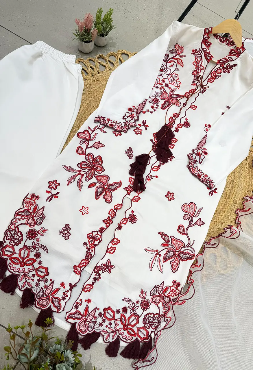 Pakistani Embroidered Kurti Pant With Dupatta Set — Wholesale Kurtis, Vardan Ethnic wholesale from Surat — view 8