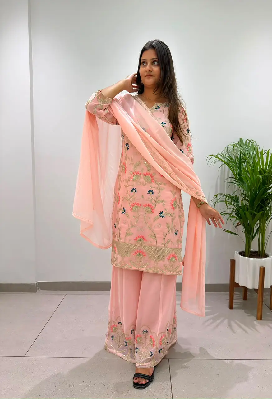 Designer Georgette Cording Sequence Embroidered Top Palazzo With Dupatta  Set BE-486 — Wholesale Kurtis, Vardan Ethnic wholesale from Surat — view 6