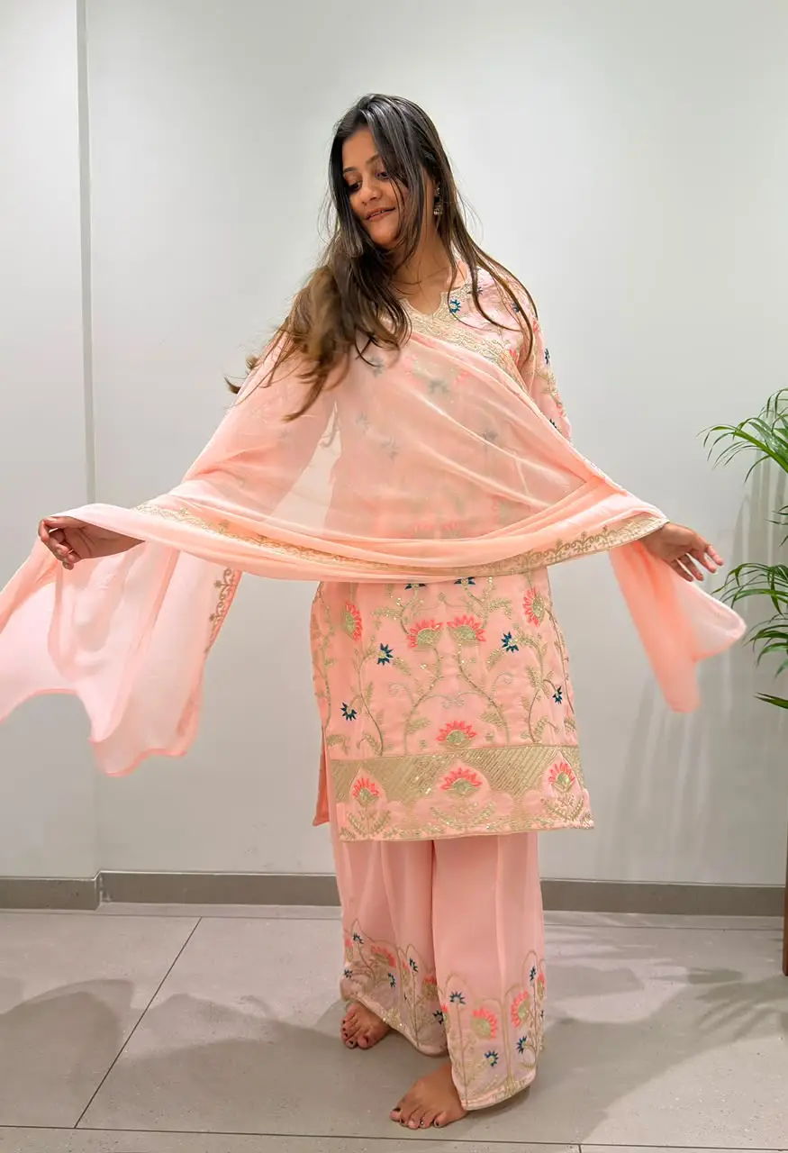 Designer Georgette Cording Sequence Embroidered Top Palazzo With Dupatta  Set BE-486 — Wholesale Kurtis, Vardan Ethnic wholesale from Surat — view 5