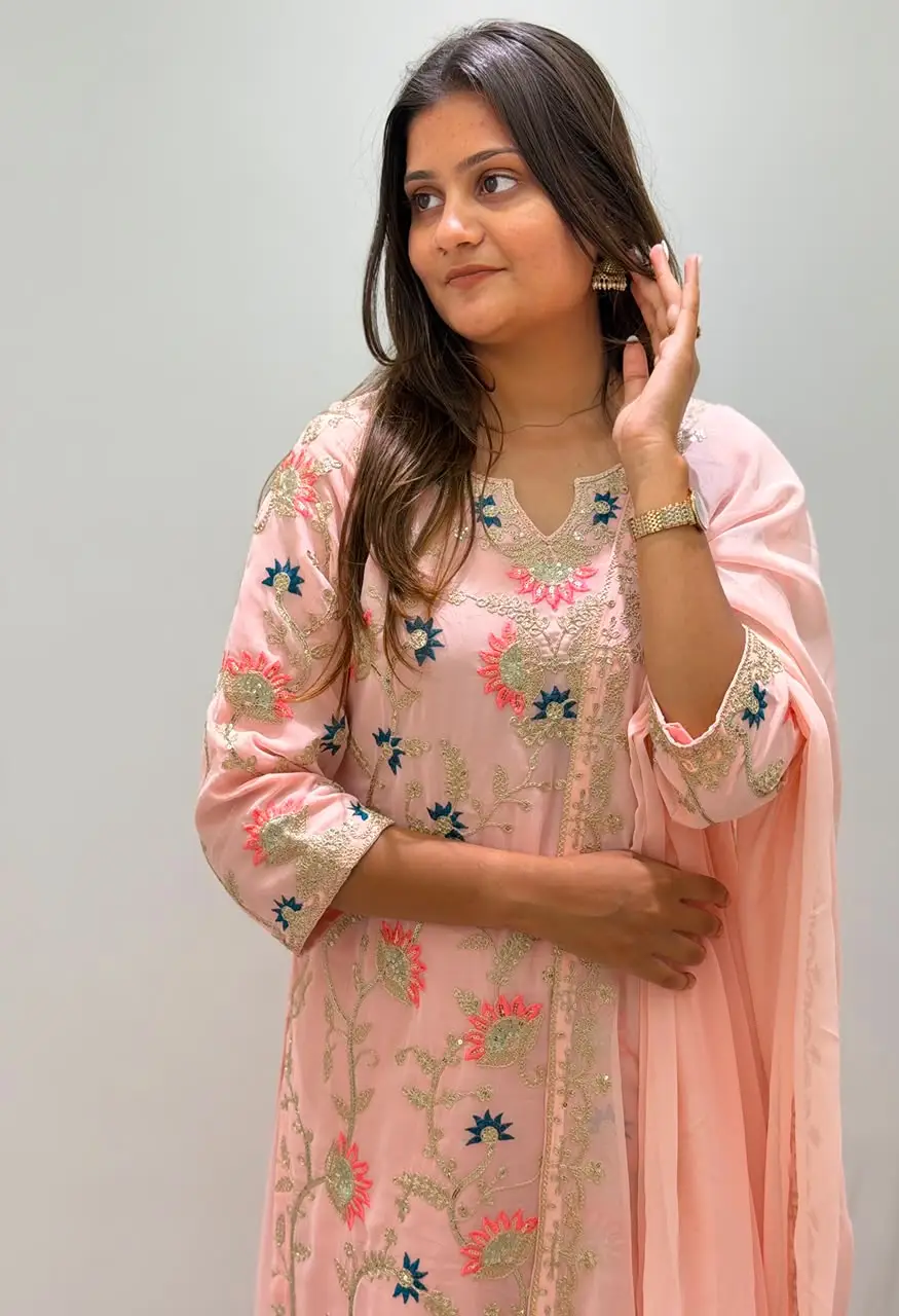 Designer Georgette Cording Sequence Embroidered Top Palazzo With Dupatta  Set BE-486 — Wholesale Kurtis, Vardan Ethnic wholesale from Surat — view 4