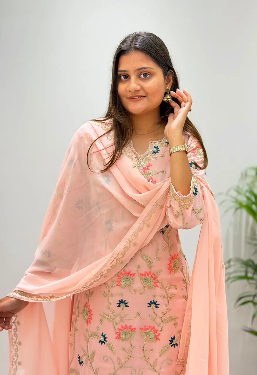 Designer Georgette Cording Sequence Embroidered Top Palazzo With Dupatta  Set BE-486 — Wholesale Kurtis, Vardan Ethnic wholesale from Surat — view 3