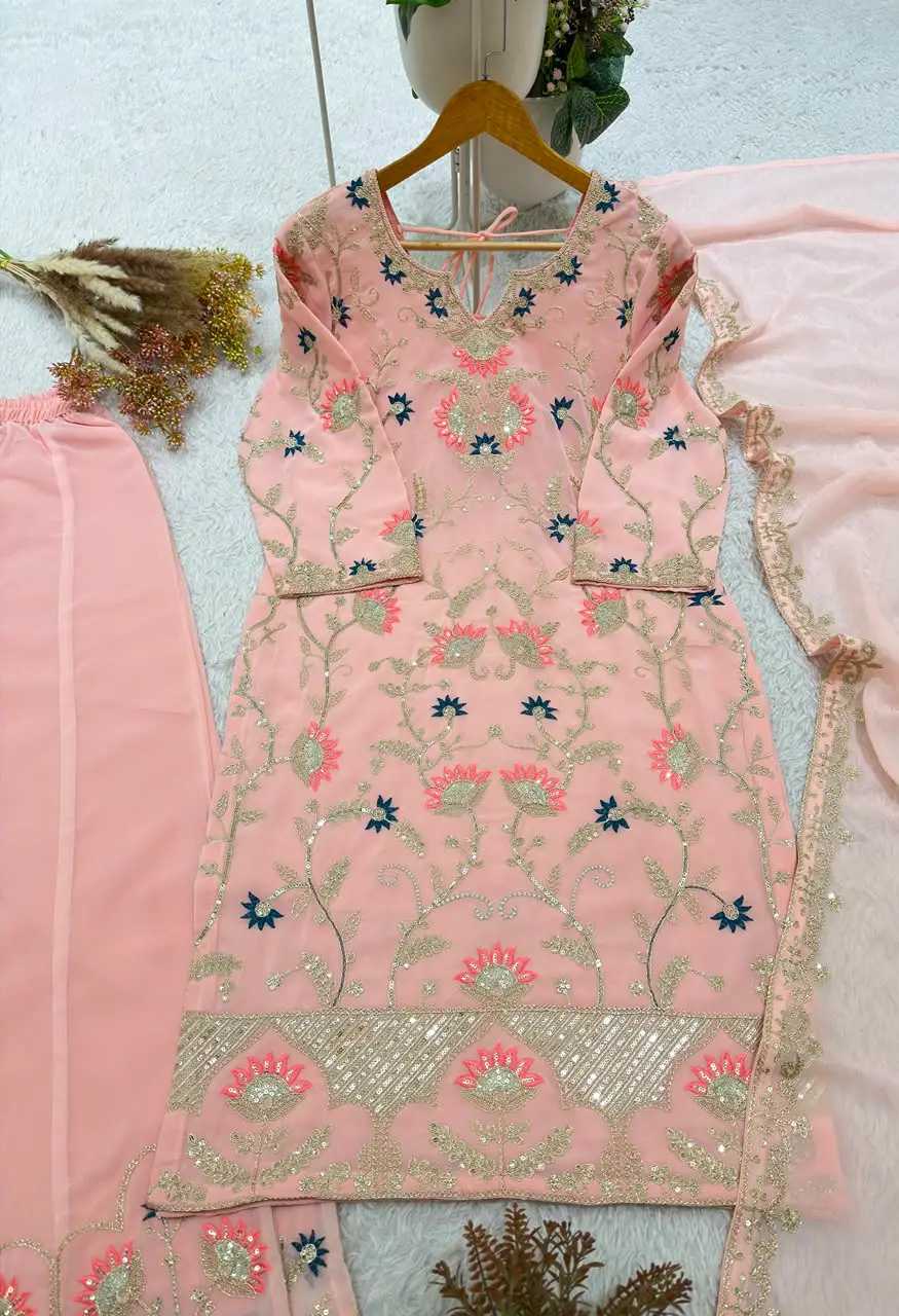 Designer Georgette Cording Sequence Embroidered Top Palazzo With Dupatta  Set BE-486 — Wholesale Kurtis, Vardan Ethnic wholesale from Surat — view 12