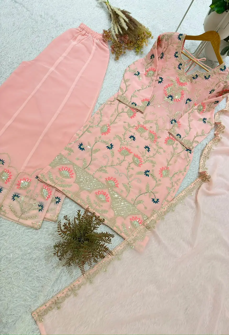 Designer Georgette Cording Sequence Embroidered Top Palazzo With Dupatta  Set BE-486 — Wholesale Kurtis, Vardan Ethnic wholesale from Surat — view 11